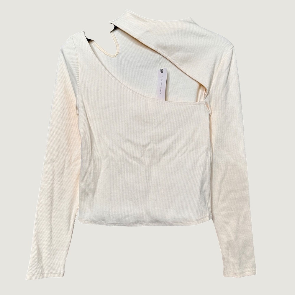 NWT Anthropologie Ivory Ribbed Asymmetrical Cutout Long Sleeve Top XS Athleisure